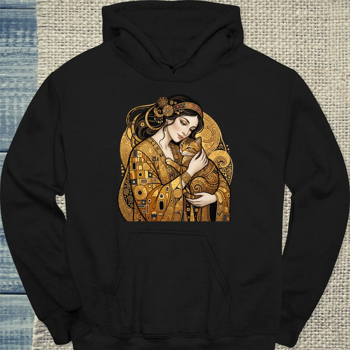 Hoodie - Klimt Cat Lady - Unisex - Katze & Kaffee, Kunst Schwarz