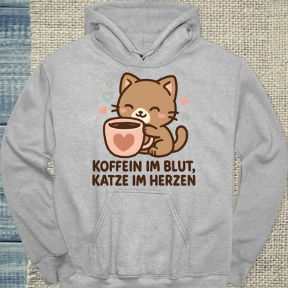 Hoodie - Koffein im Blut, Katze im Herzen - Unisex - Katze & Kaffee Grau