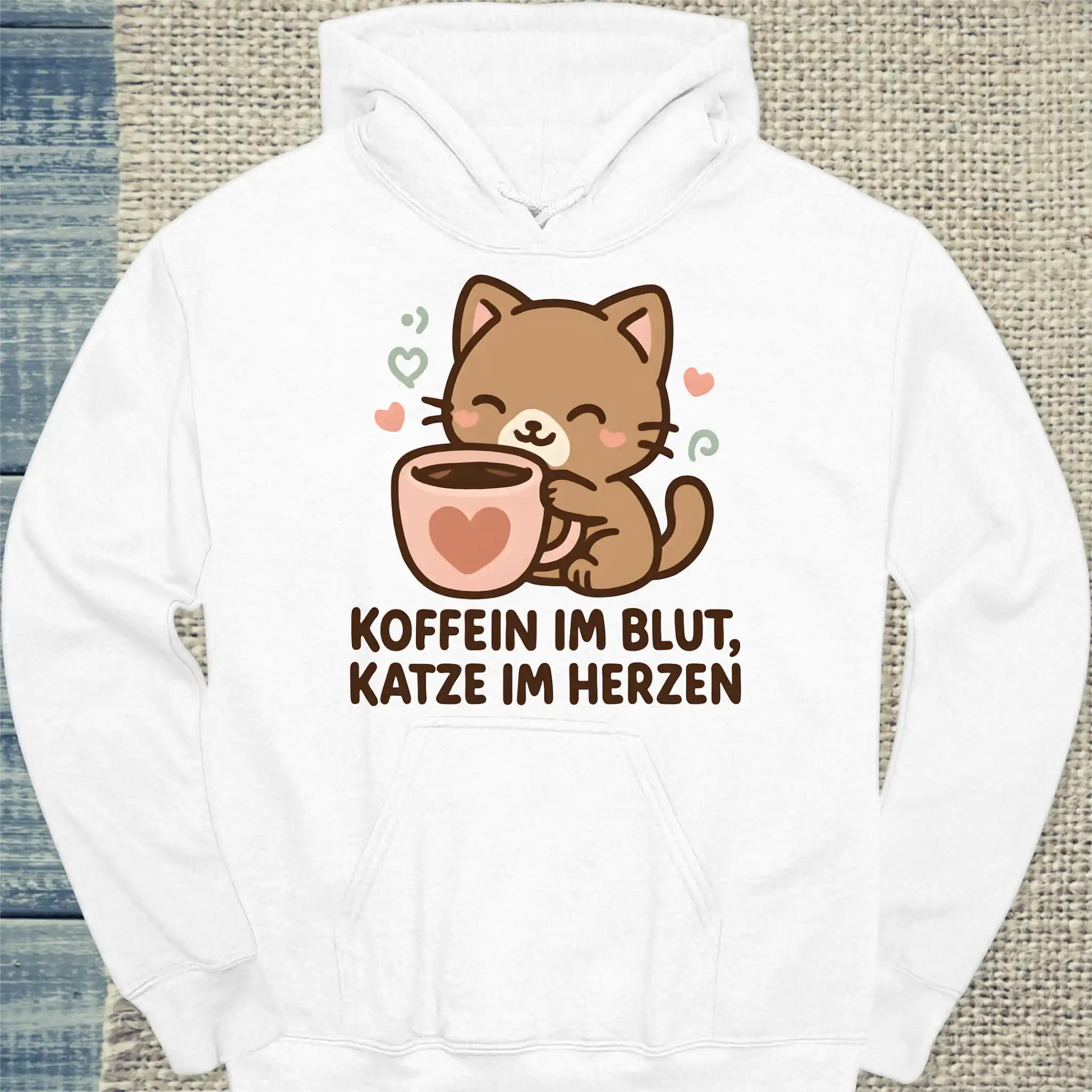 Hoodie - Koffein im Blut, Katze im Herzen - Unisex - Katze & Kaffee Weiß