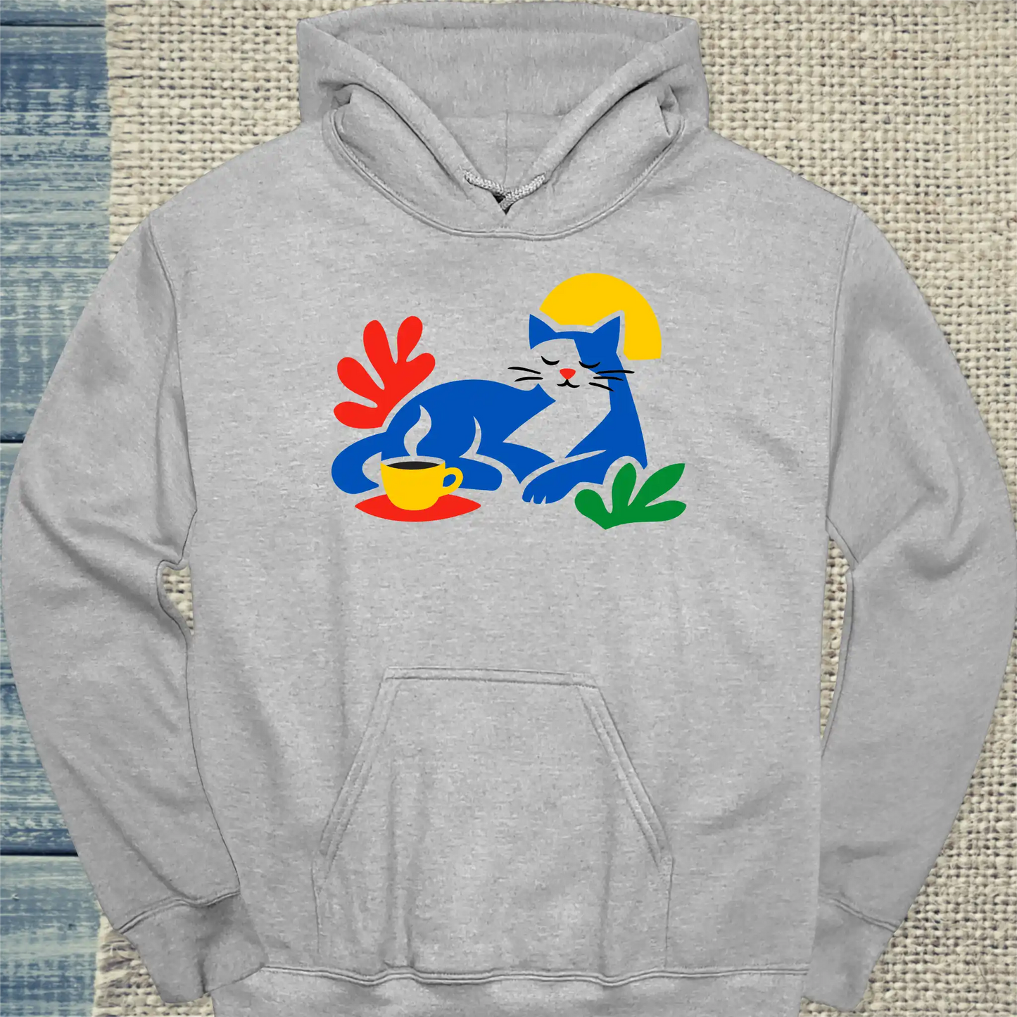 Hoodie - Matisse Katze mit Kaffee - Unisex - Katze & Kaffee Grau