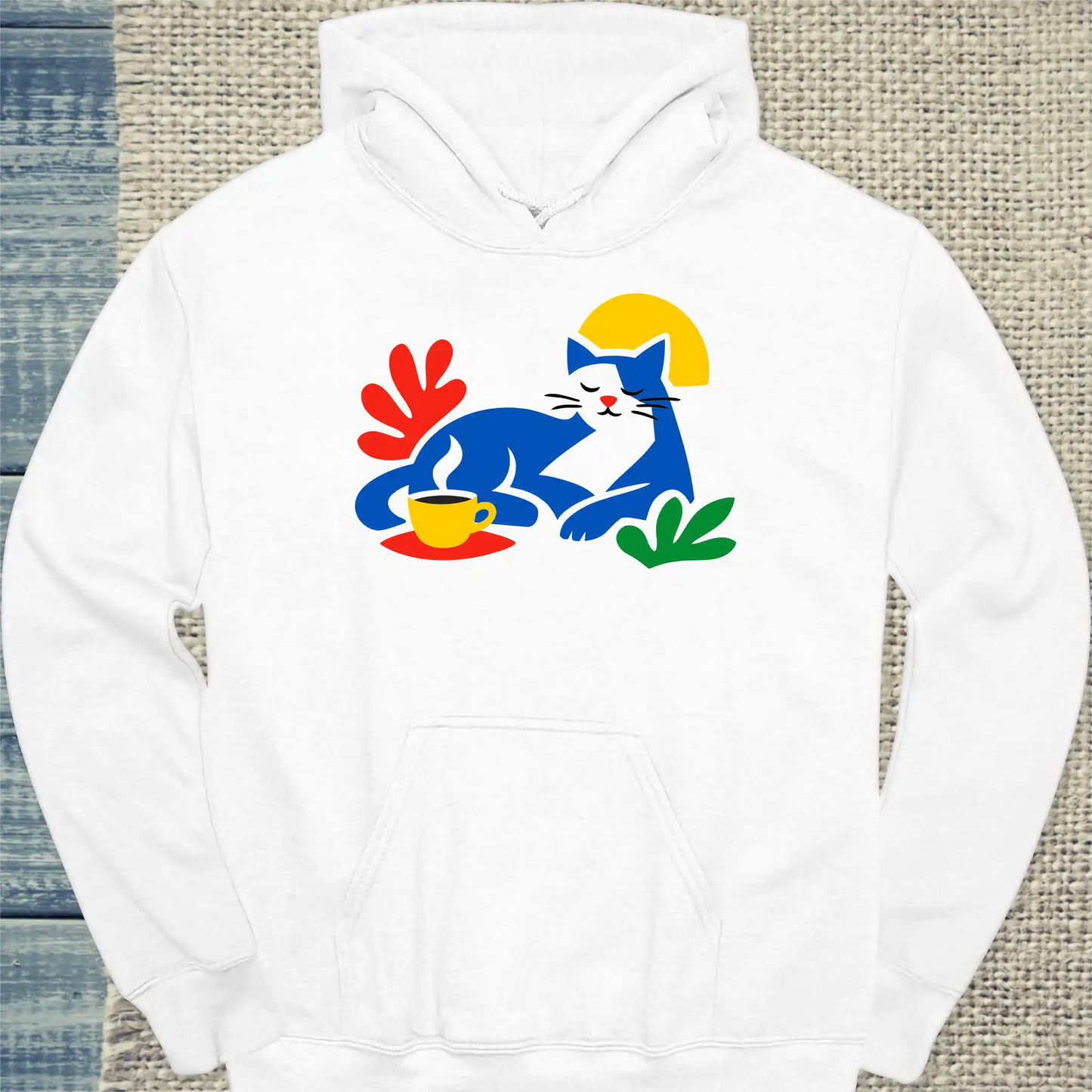 Hoodie - Matisse Katze mit Kaffee - Unisex - Katze & Kaffee Weiß