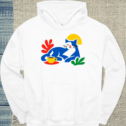 Hoodie - Matisse Katze mit Kaffee - Unisex - Katze & Kaffee Weiß