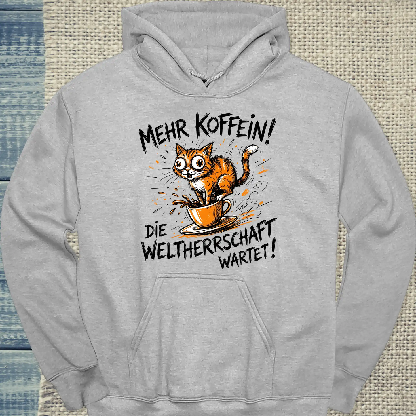 Hoodie - Mehr Koffein - Weltherrschaft wartet - Unisex - Katze & Kaffee Grau