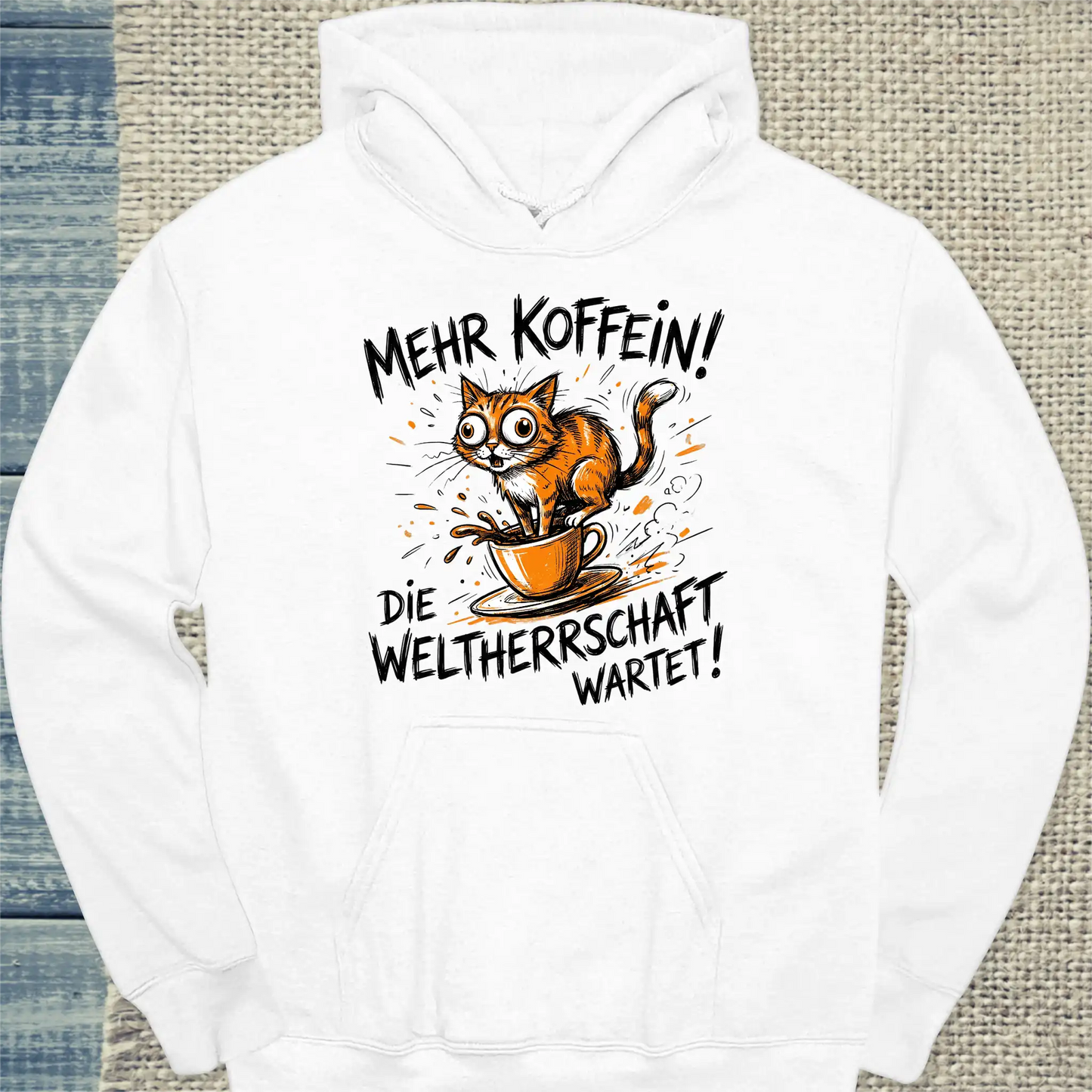 Hoodie - Mehr Koffein - Weltherrschaft wartet - Unisex - Katze & Kaffee Weiß