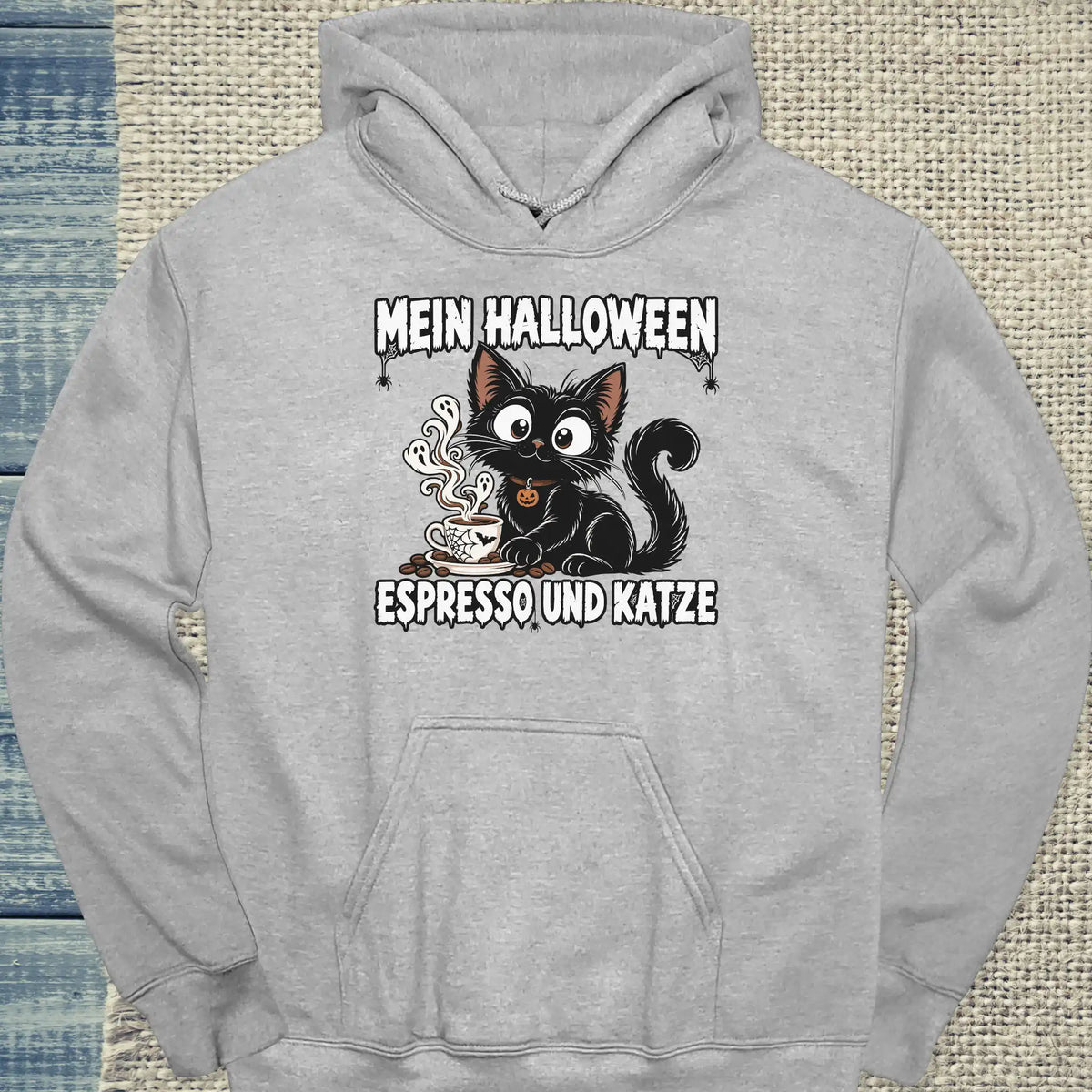 Hoodie - Mein Halloween - Unisex - Katze & Kaffee, Halloween Grau