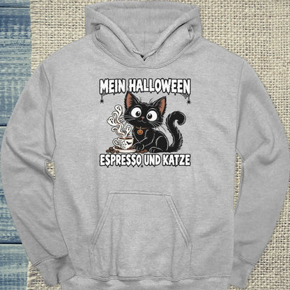 Hoodie - Mein Halloween - Unisex - Katze & Kaffee, Halloween Grau
