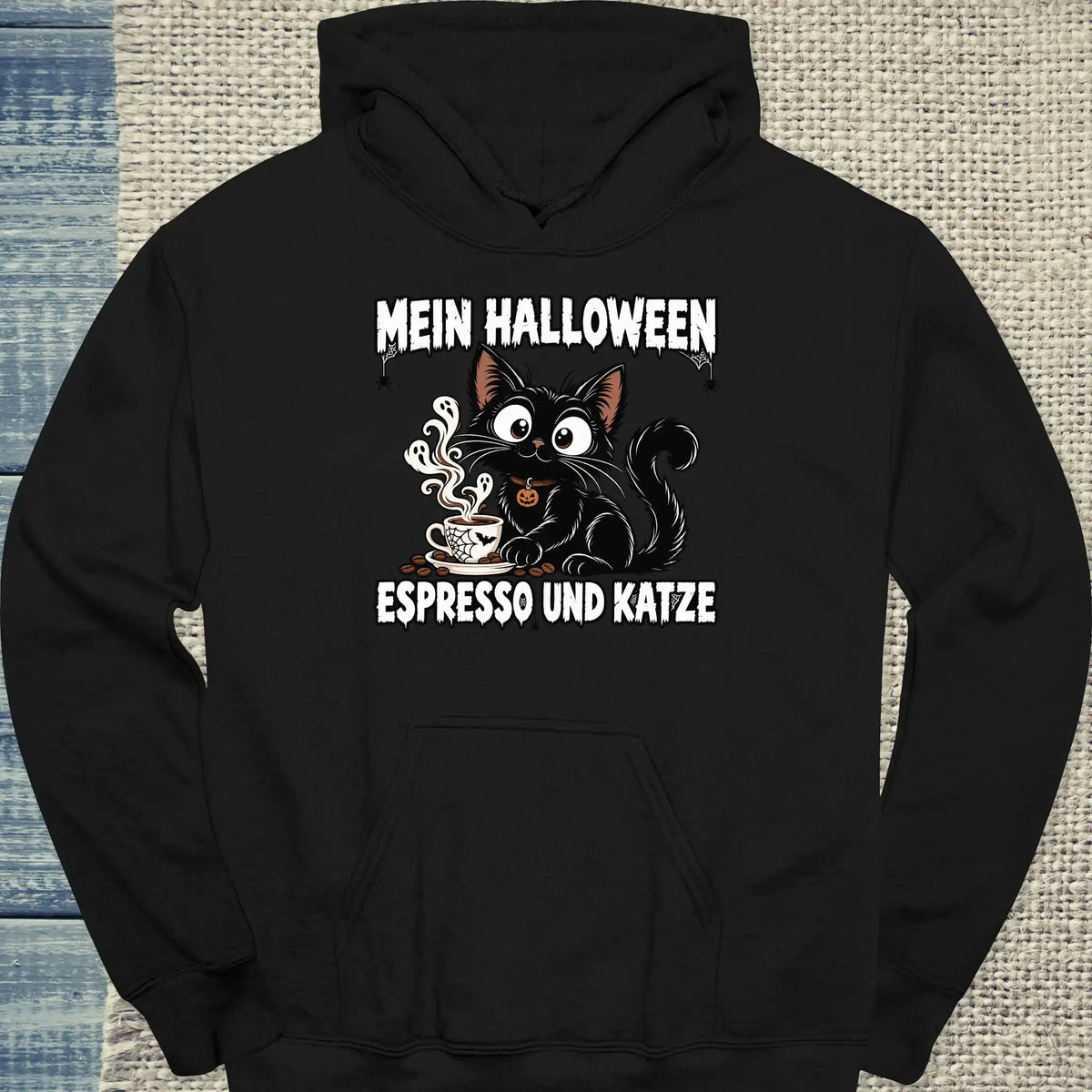 Hoodie - Mein Halloween - Unisex - Katze & Kaffee, Halloween Schwarz