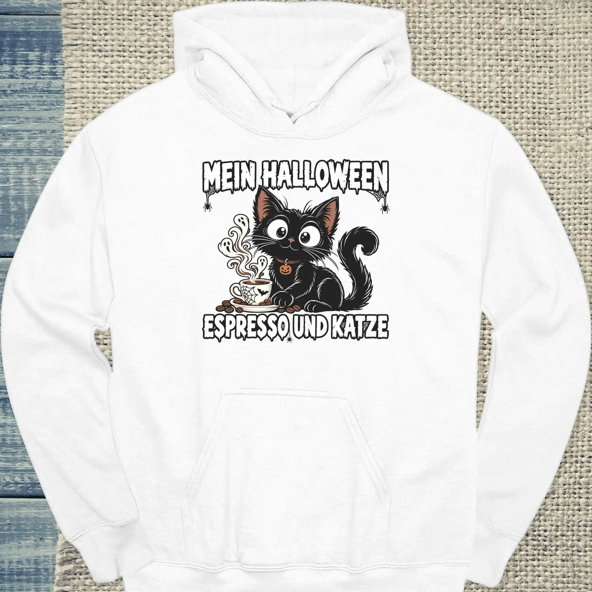 Hoodie - Mein Halloween - Unisex - Katze & Kaffee, Halloween Weiß