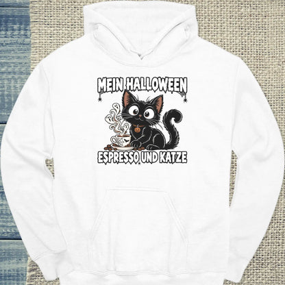 Hoodie - Mein Halloween - Unisex - Katze & Kaffee, Halloween Weiß