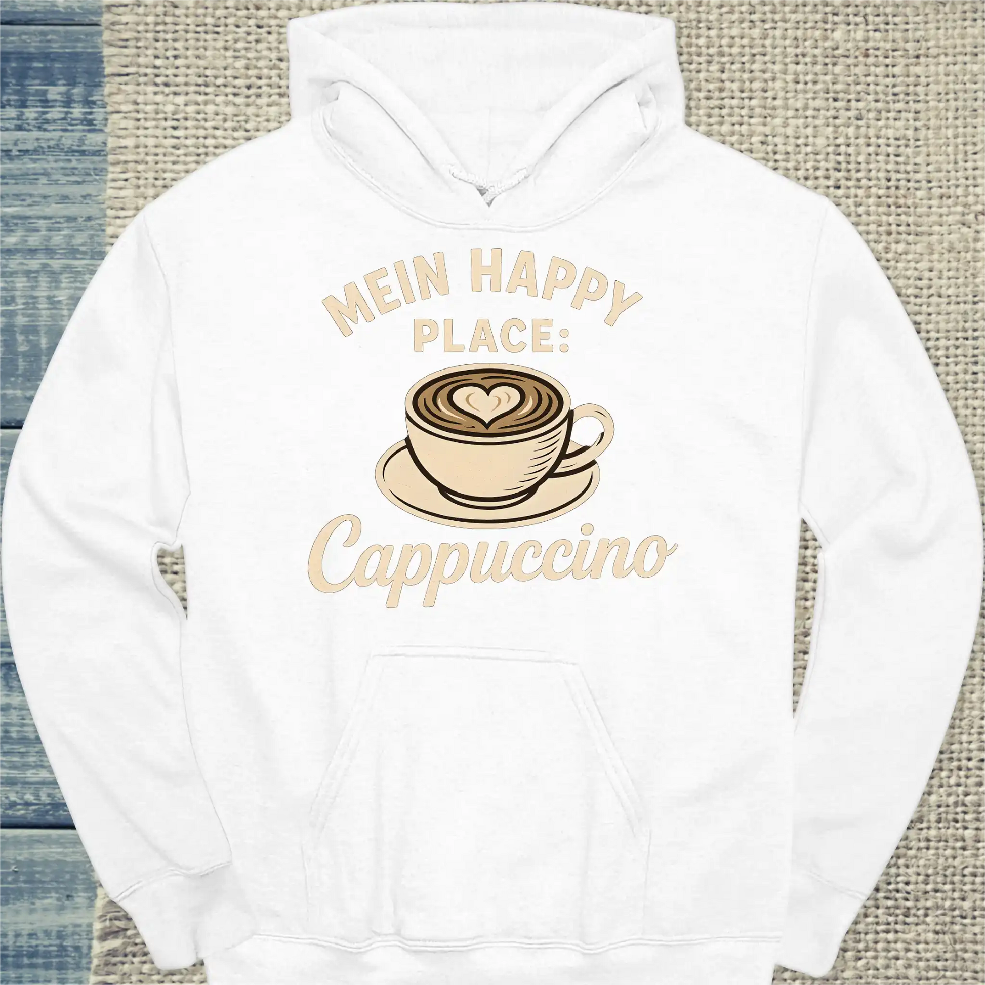 Hoodie - Mein Happy Place: Cappuccino. - Unisex - Kaffee Weiß