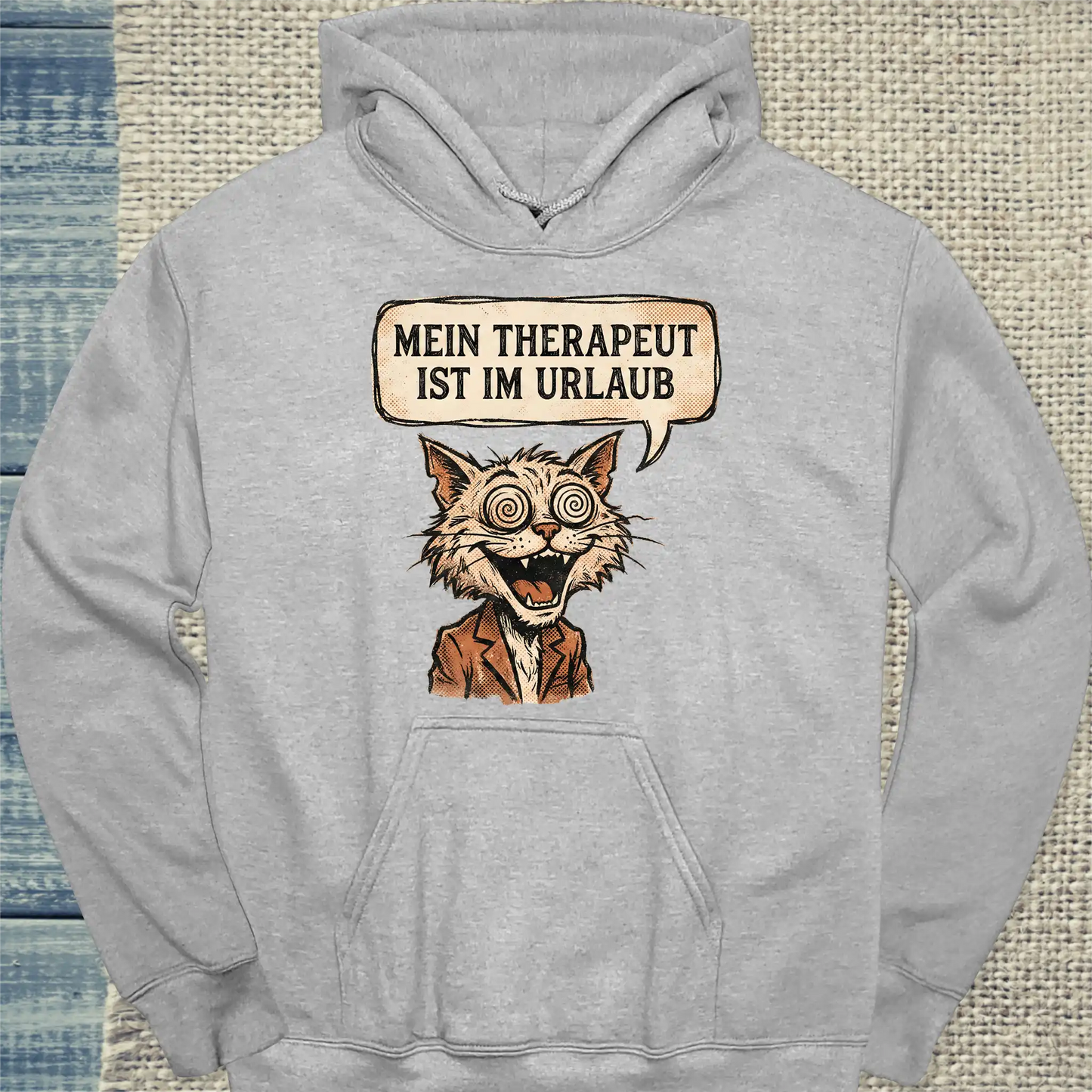 Hoodie - Mein Therapeut ist im Urlaub - Unisex - Katze, Cat Guy Grau