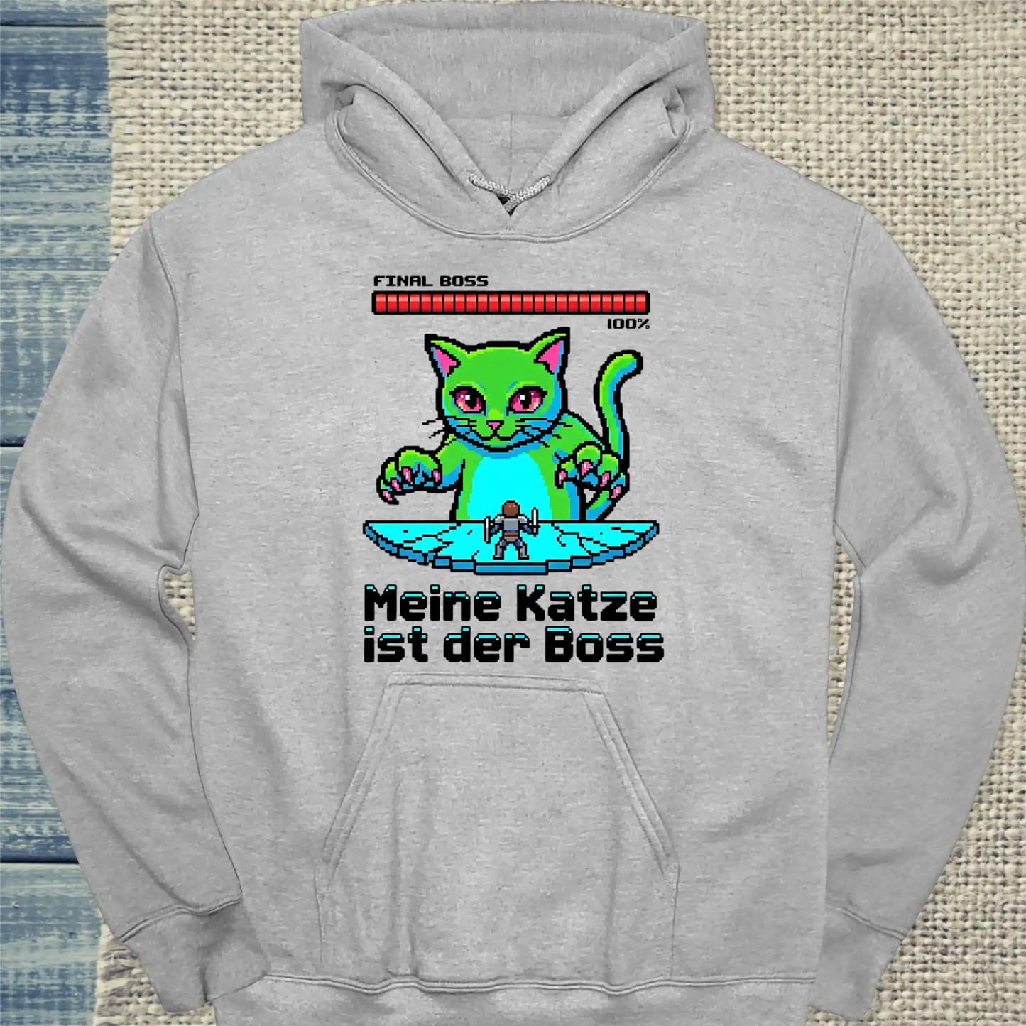 Hoodie - Meine Katze ist der Boss - 8-bit - Unisex - Katze Grau