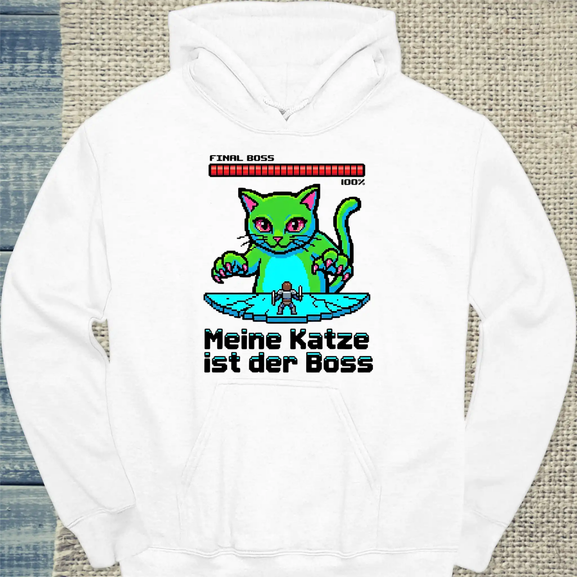 Hoodie - Meine Katze ist der Boss - 8-bit - Unisex - Katze Weiß