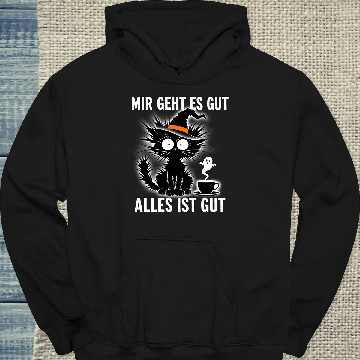 Hoodie - Mir geht es gut Halloween - Unisex - Katze, Halloween Schwarz