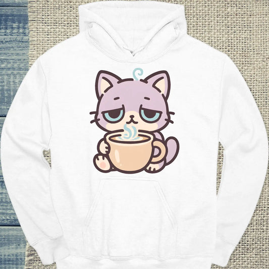 Hoodie - Müde Katze mit Kaffee - Unisex - Katze & Kaffee Weiß