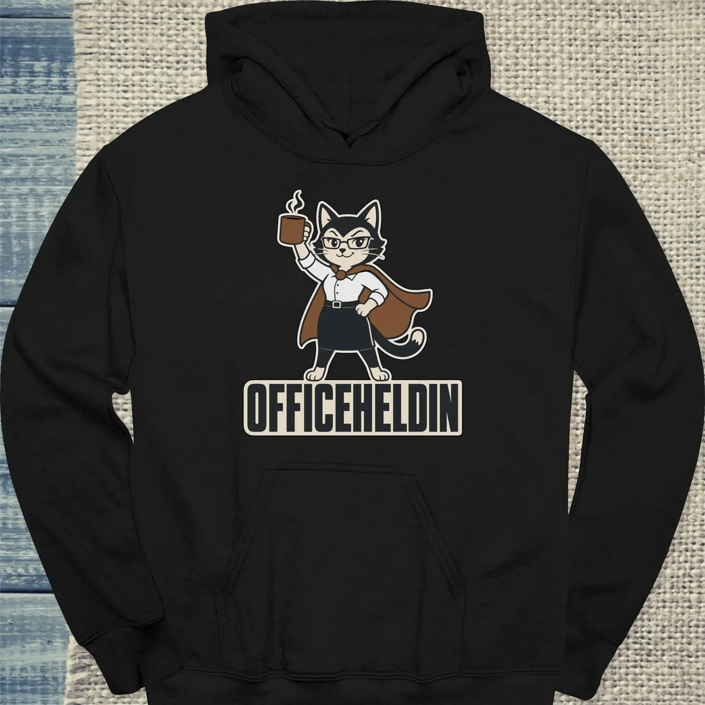 Hoodie - Officeheldin - Unisex - Katze & Kaffee Schwarz