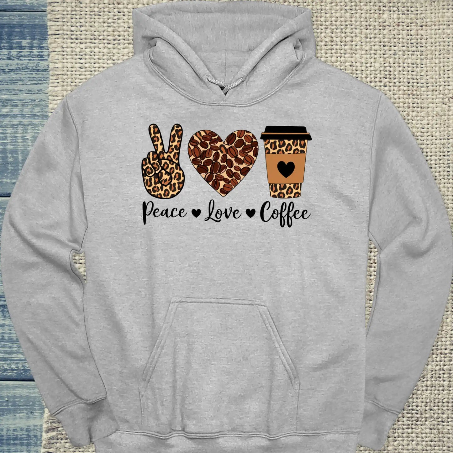 Hoodie - Peace - Love - Coffee - Unisex - Kaffee Grau
