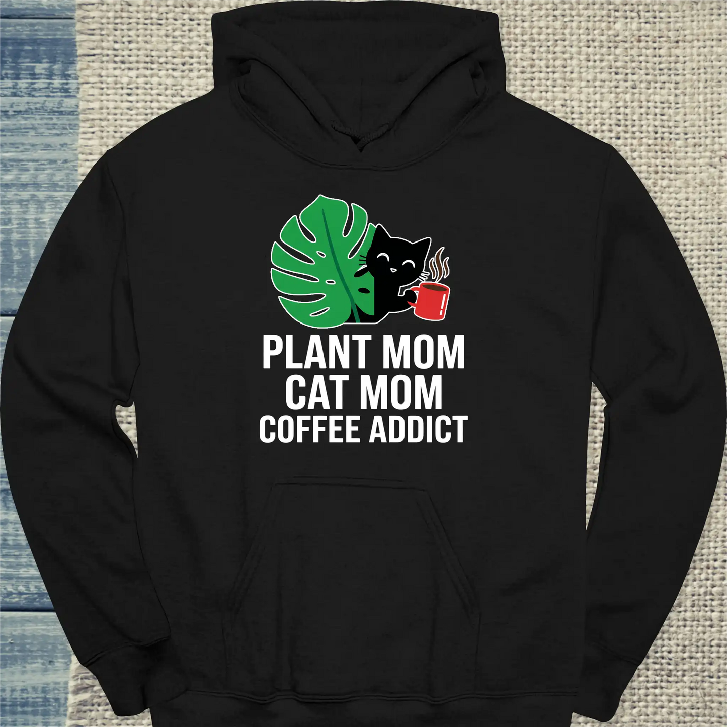 Hoodie - Plant Mom - Unisex - Katze & Kaffee Schwarz