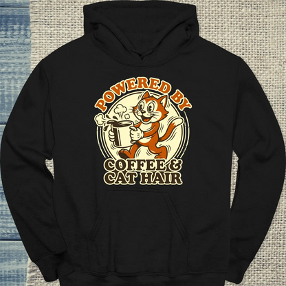 Hoodie - Powered by Coffee & Cat Hair - Unisex - Katze & Kaffee schwarz