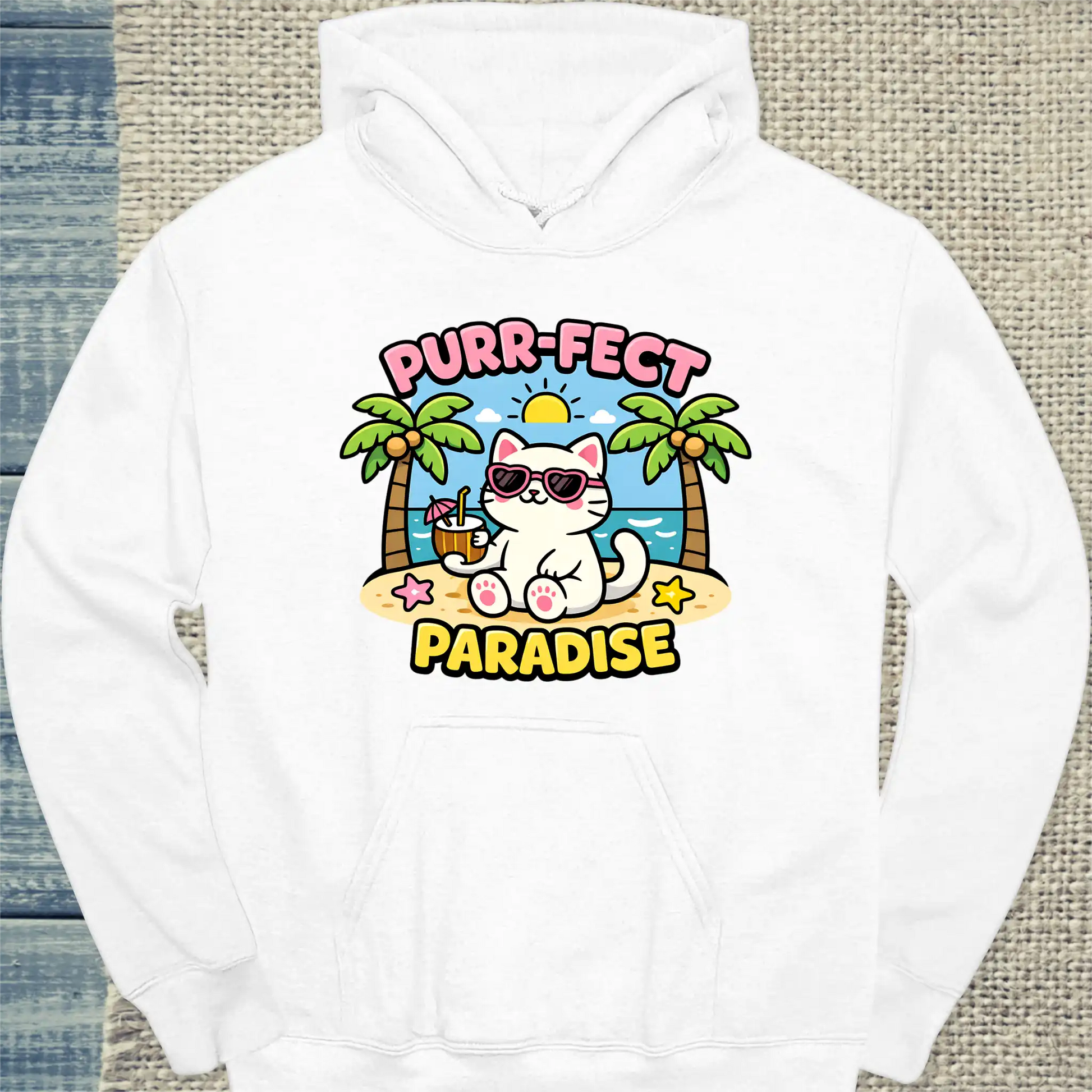 Hoodie - Purr-Fect Paradise - Unisex - Katze, Sommer Weiß
