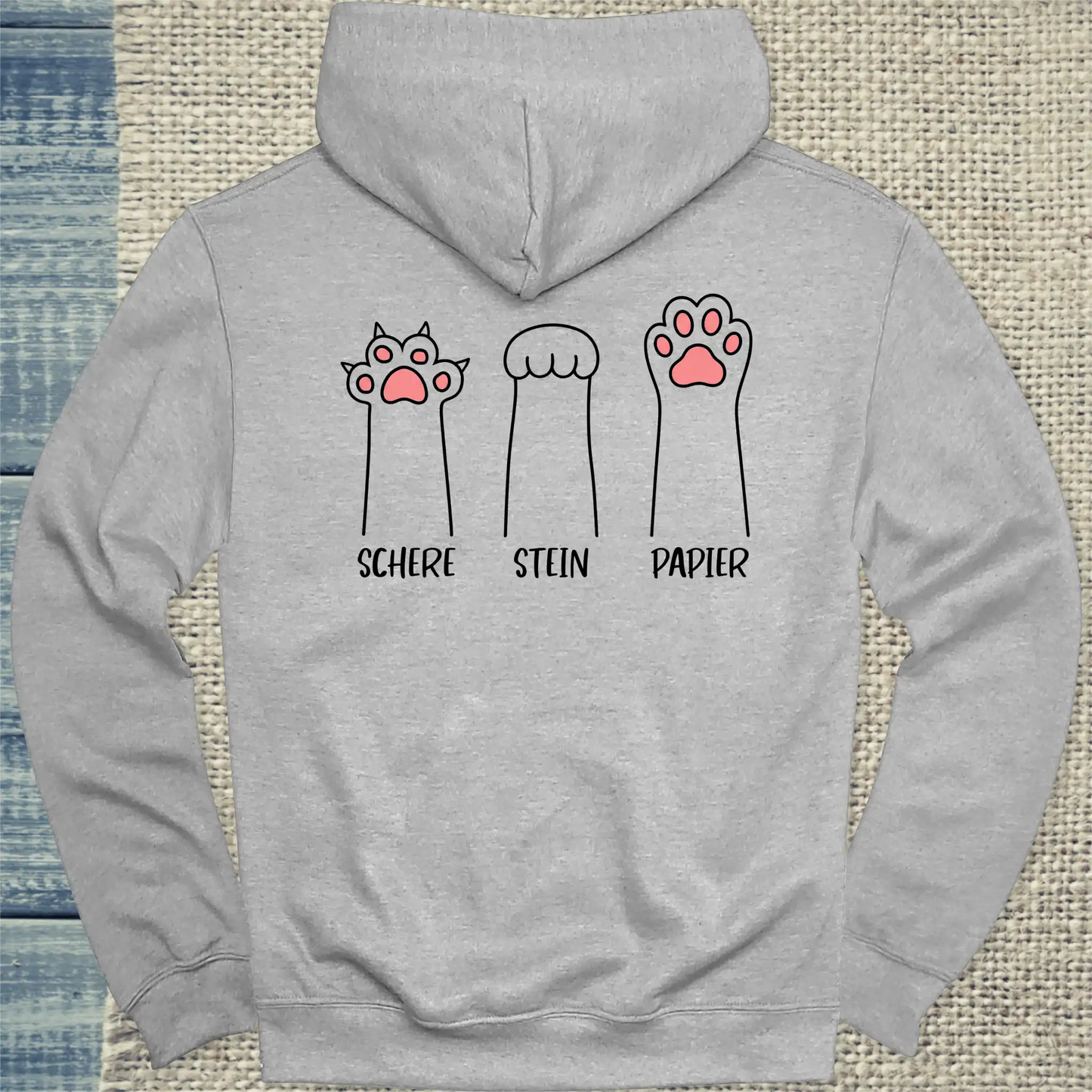 Hoodie - Schere Stein Papier - Rücken - Unisex - Katze Grau