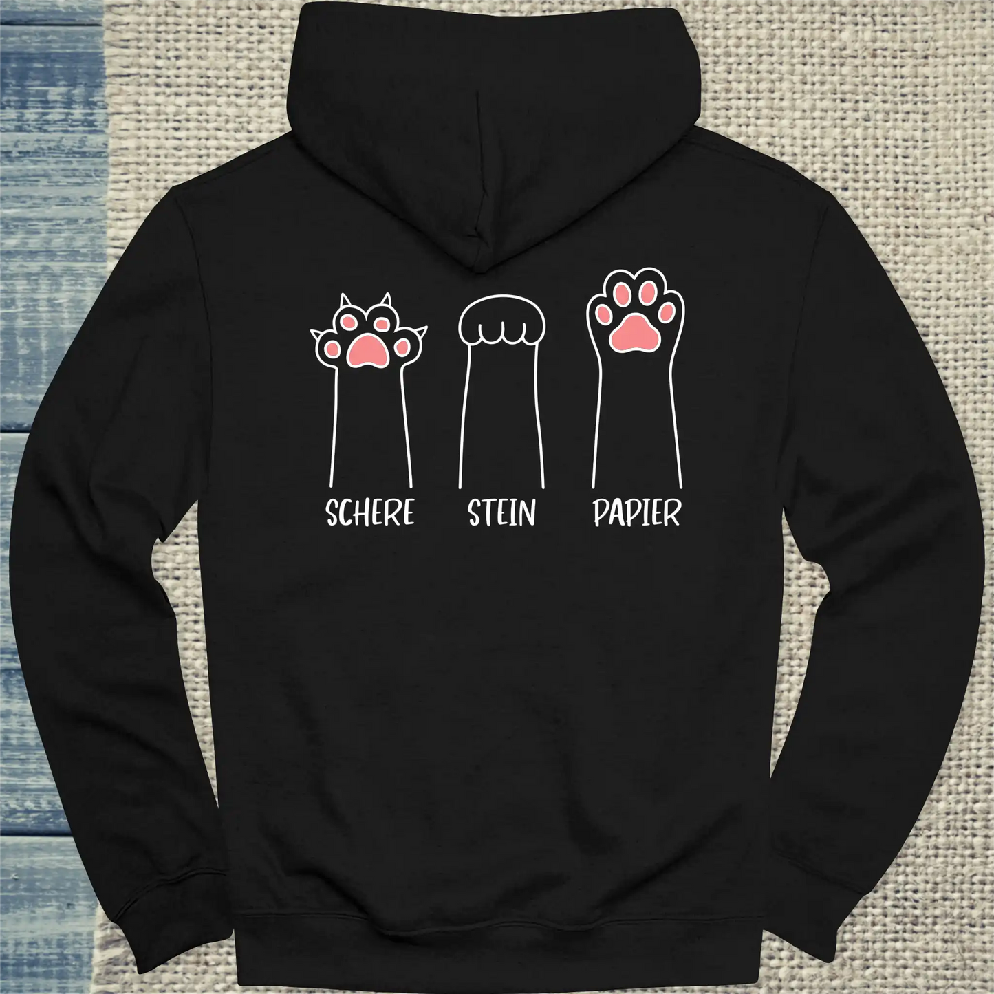 Hoodie - Schere Stein Papier - Rücken - Unisex - Katze Schwarz