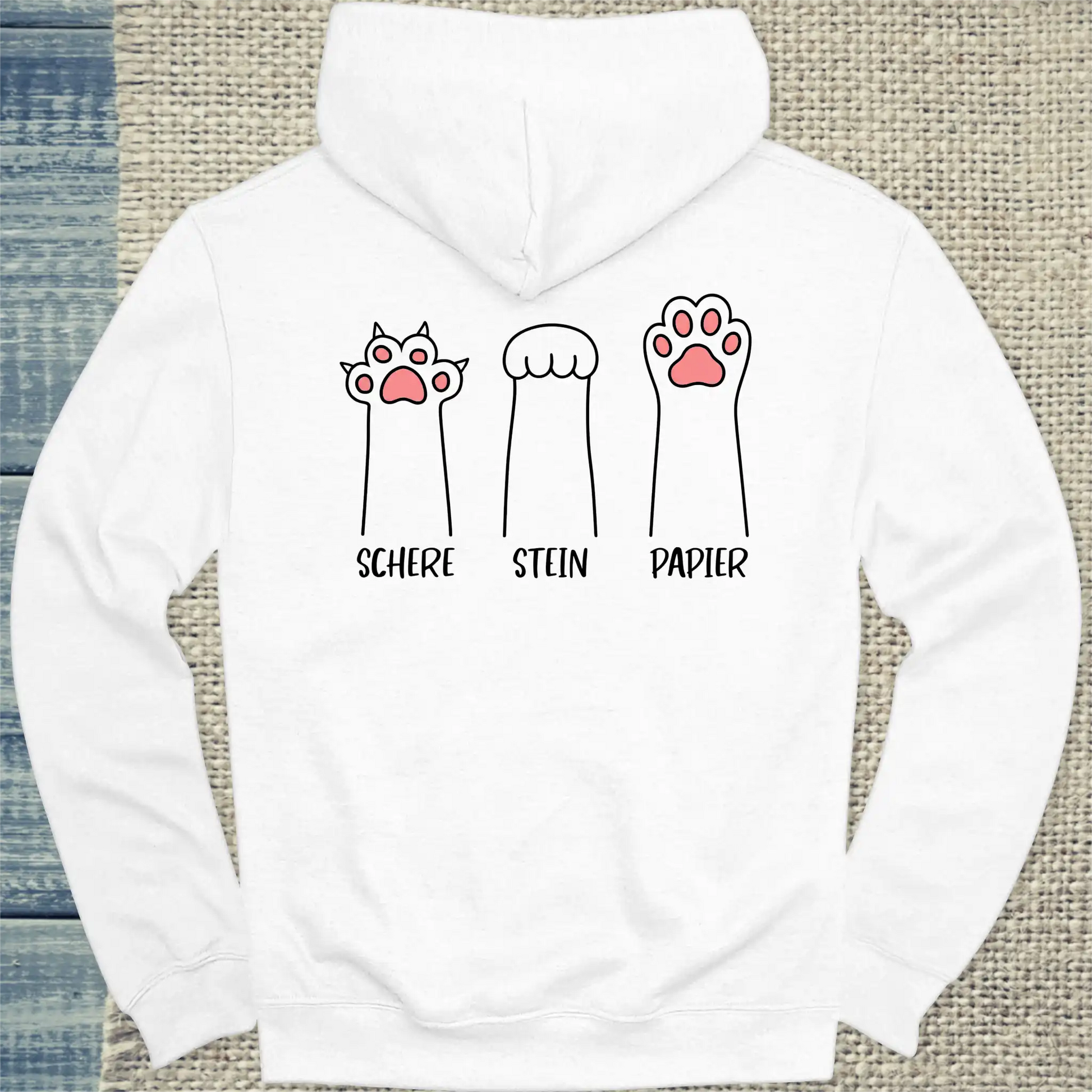 Hoodie - Schere Stein Papier - Rücken - Unisex - Katze Weiß