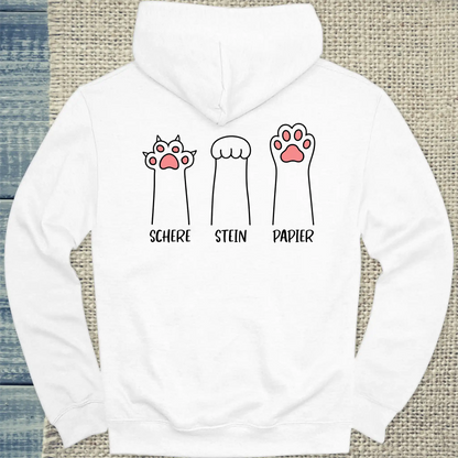 Hoodie - Schere Stein Papier - Rücken - Unisex - Katze Weiß