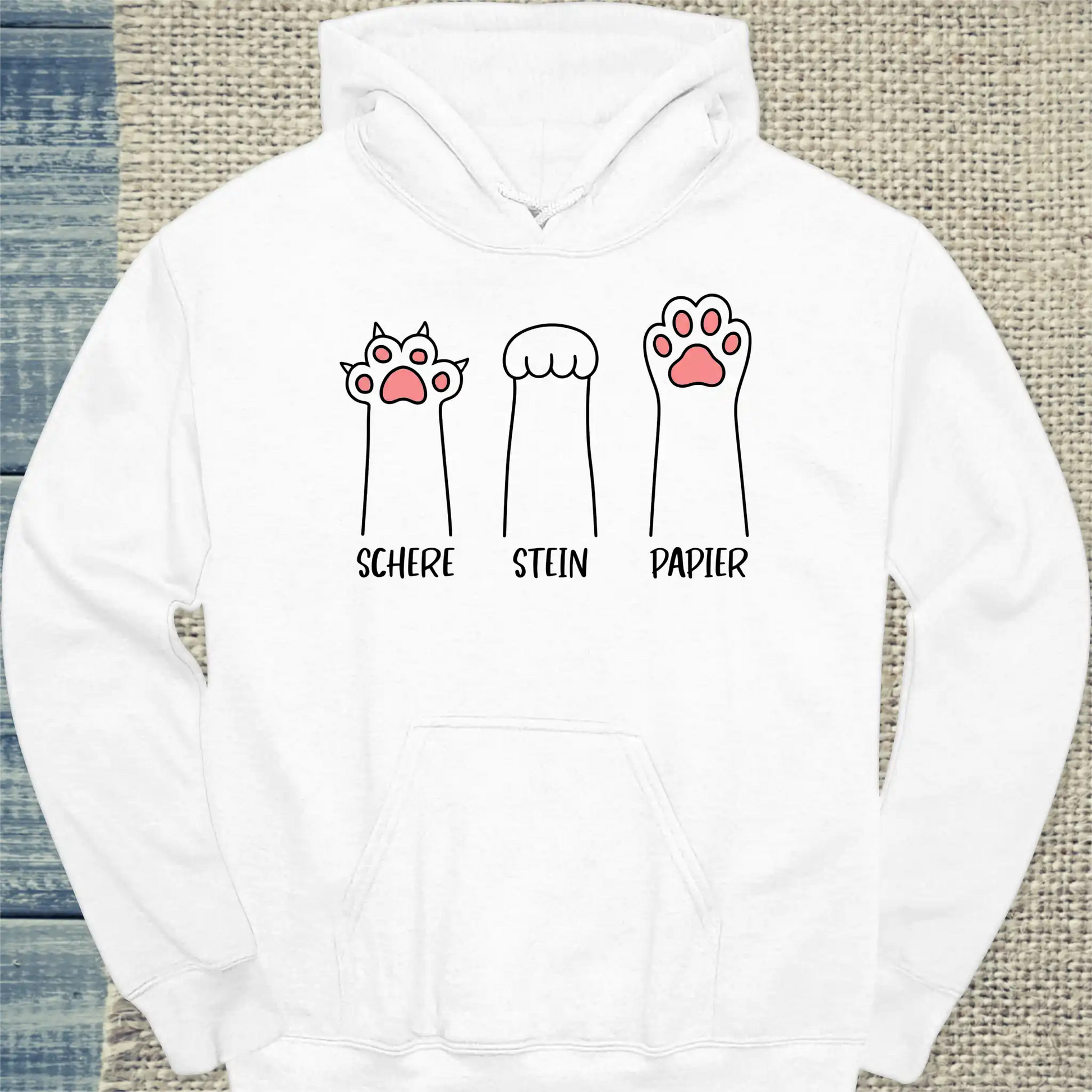 Hoodie - Schere Stein Papier - Unisex - Katze Weiß