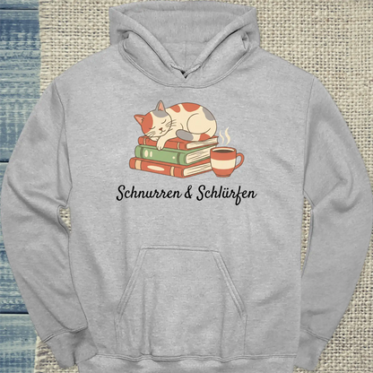Hoodie - Schnurren & Schlürfen - Unisex - Katze & Kaffee Grau