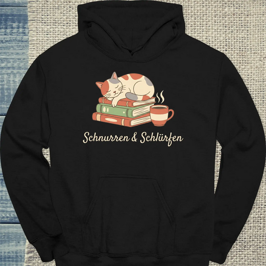 Hoodie - Schnurren & Schlürfen - Unisex - Katze & Kaffee Schwarz