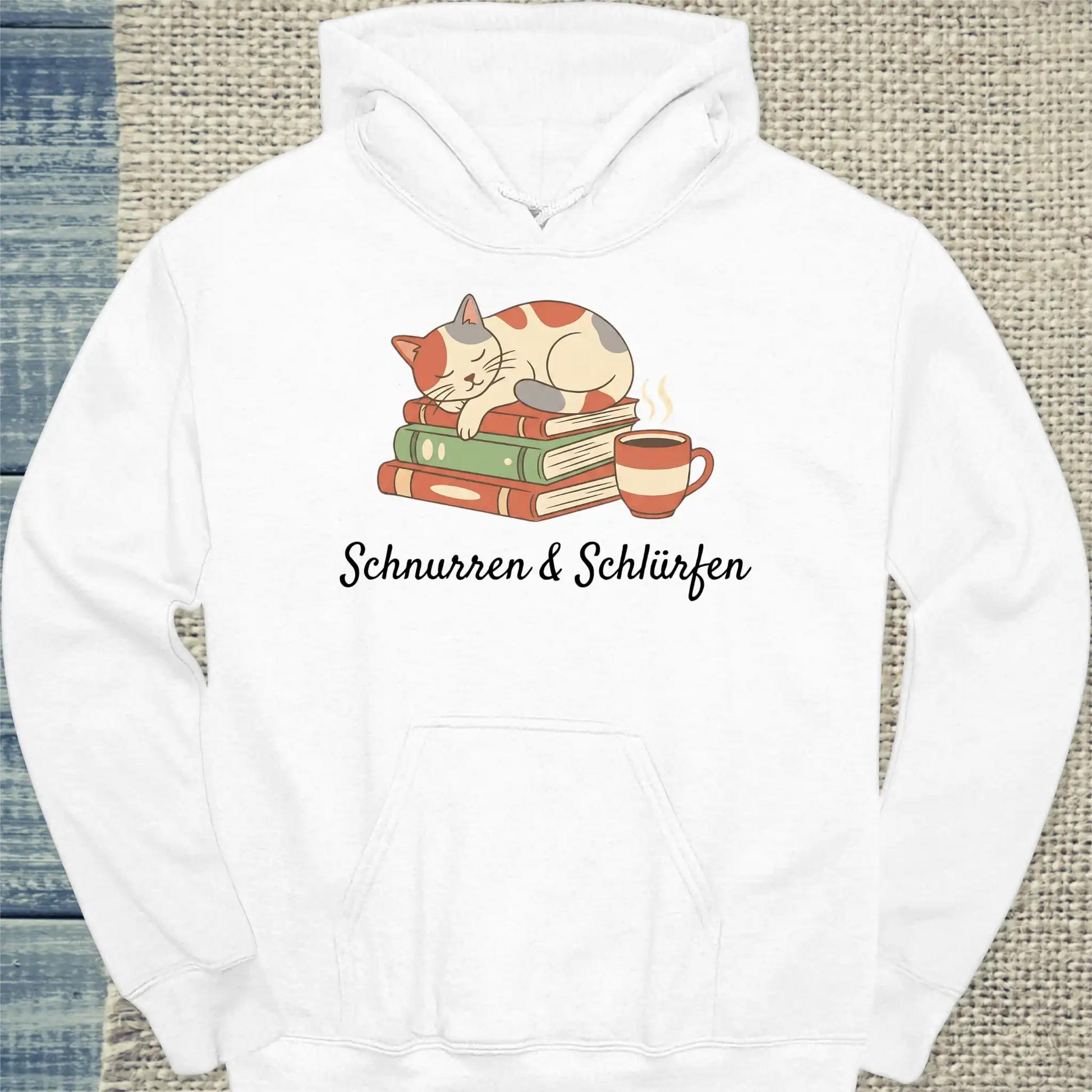 Hoodie - Schnurren & Schlürfen - Unisex - Katze & Kaffee Weiß