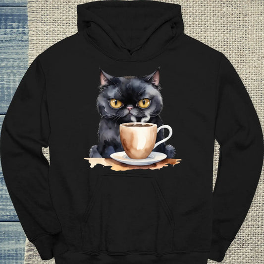Hoodie - Schwarze Katze mit Kaffee - Unisex - Katze & Kaffee Schwarz