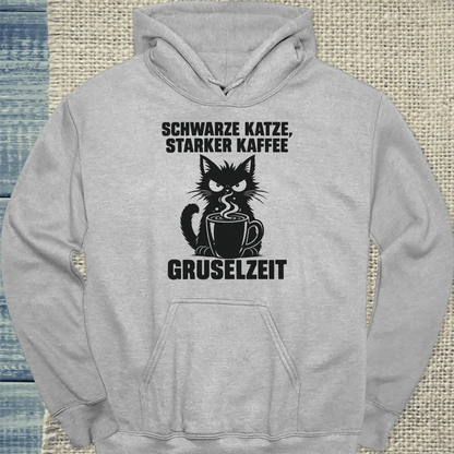 Hoodie - Schwarze Katze, starker Kaffee, Gruselzeit - Unisex - Katze & Kaffee, Halloween Grau
