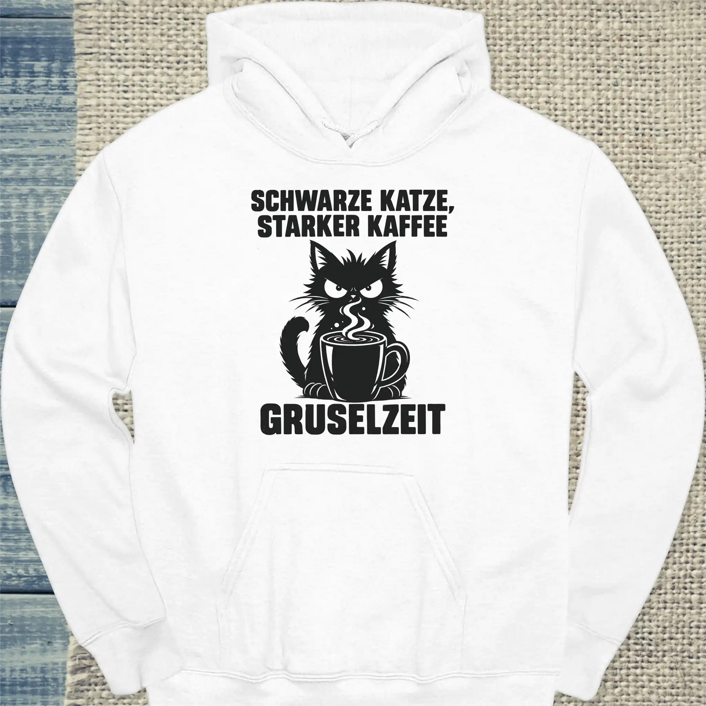 Hoodie - Schwarze Katze, starker Kaffee, Gruselzeit - Unisex - Katze & Kaffee, Halloween Weiß