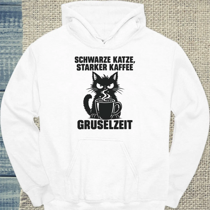 Hoodie - Schwarze Katze, starker Kaffee, Gruselzeit - Unisex - Katze & Kaffee, Halloween Weiß