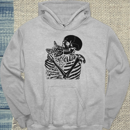 Hoodie - Skelett mit Katze - Unisex - Katze, Halloween Grau
