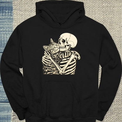 Hoodie - Skelett mit Katze - Unisex - Katze, Halloween Schwarz