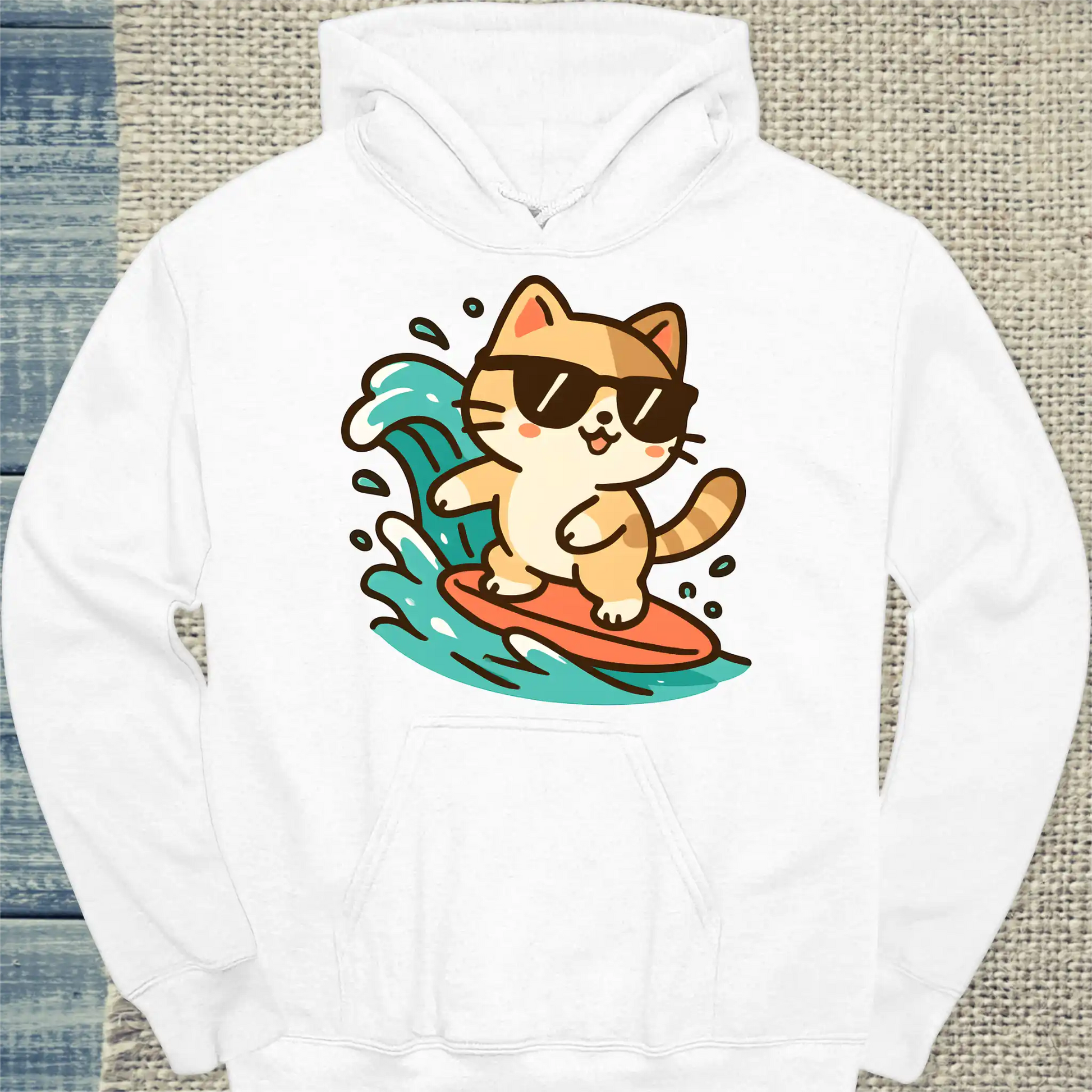 Hoodie - Sommer, Katze, Surfen - Unisex - Katze Weiß