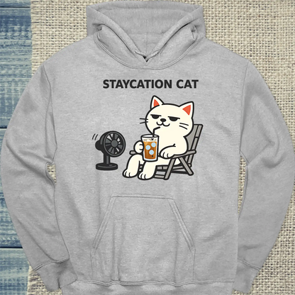 Hoodie - STAYCATION CAT - Unisex - Katze & Kaffee, Sommer Grau