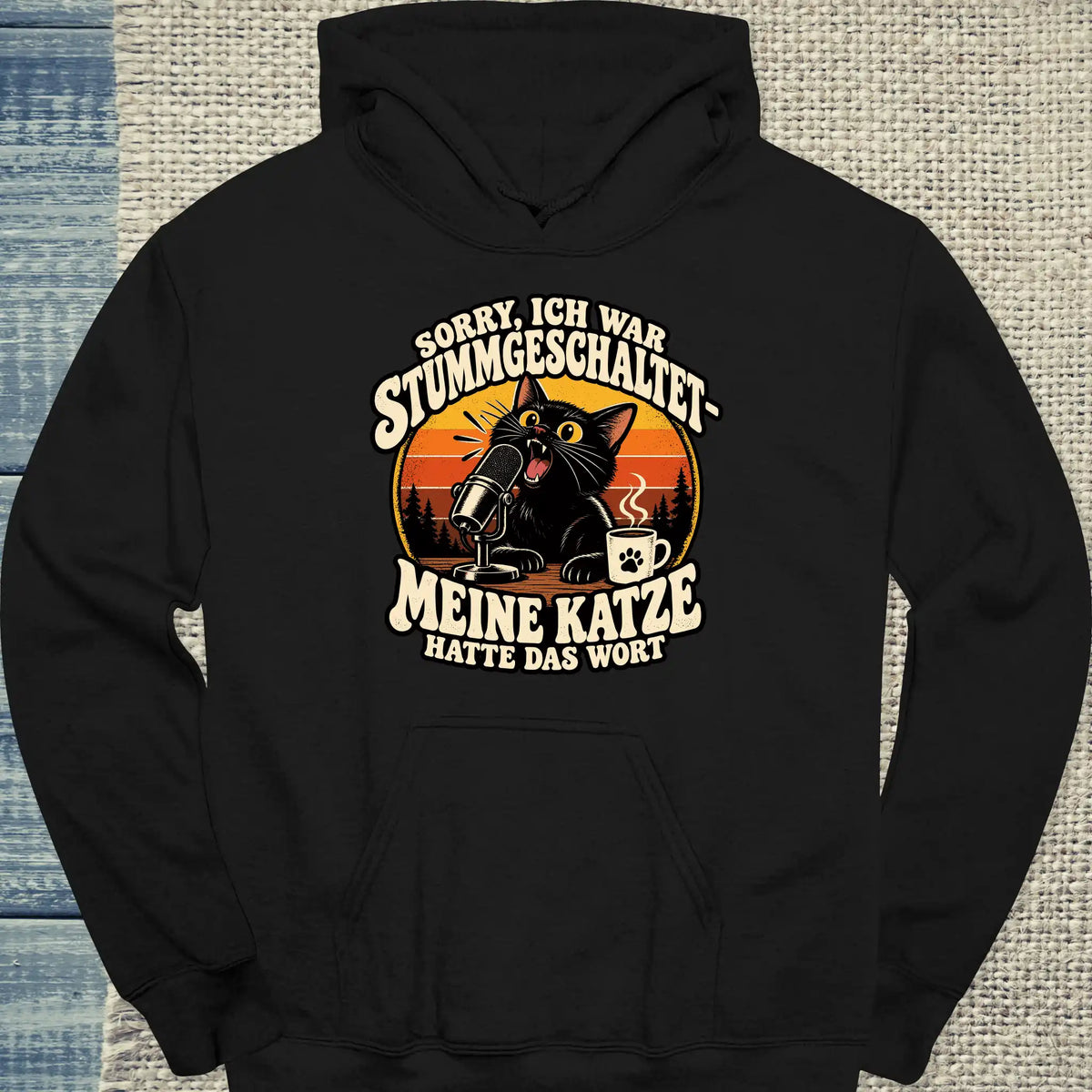 Hoodie - Stummgeschaltet - Unisex - Katze & Kaffee Schwarz