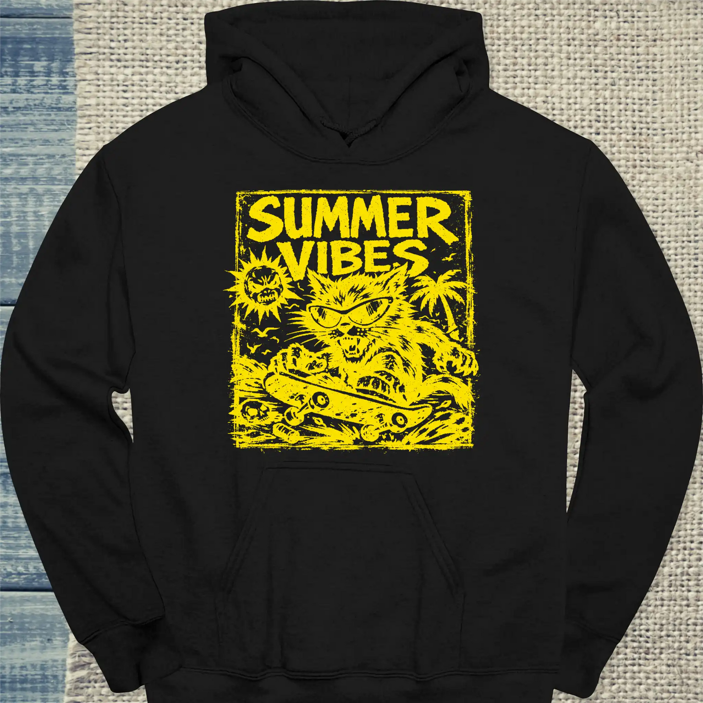 Hoodie - Summer Vibes - Unisex - Katze, Sommer, Cat Guy Schwarz