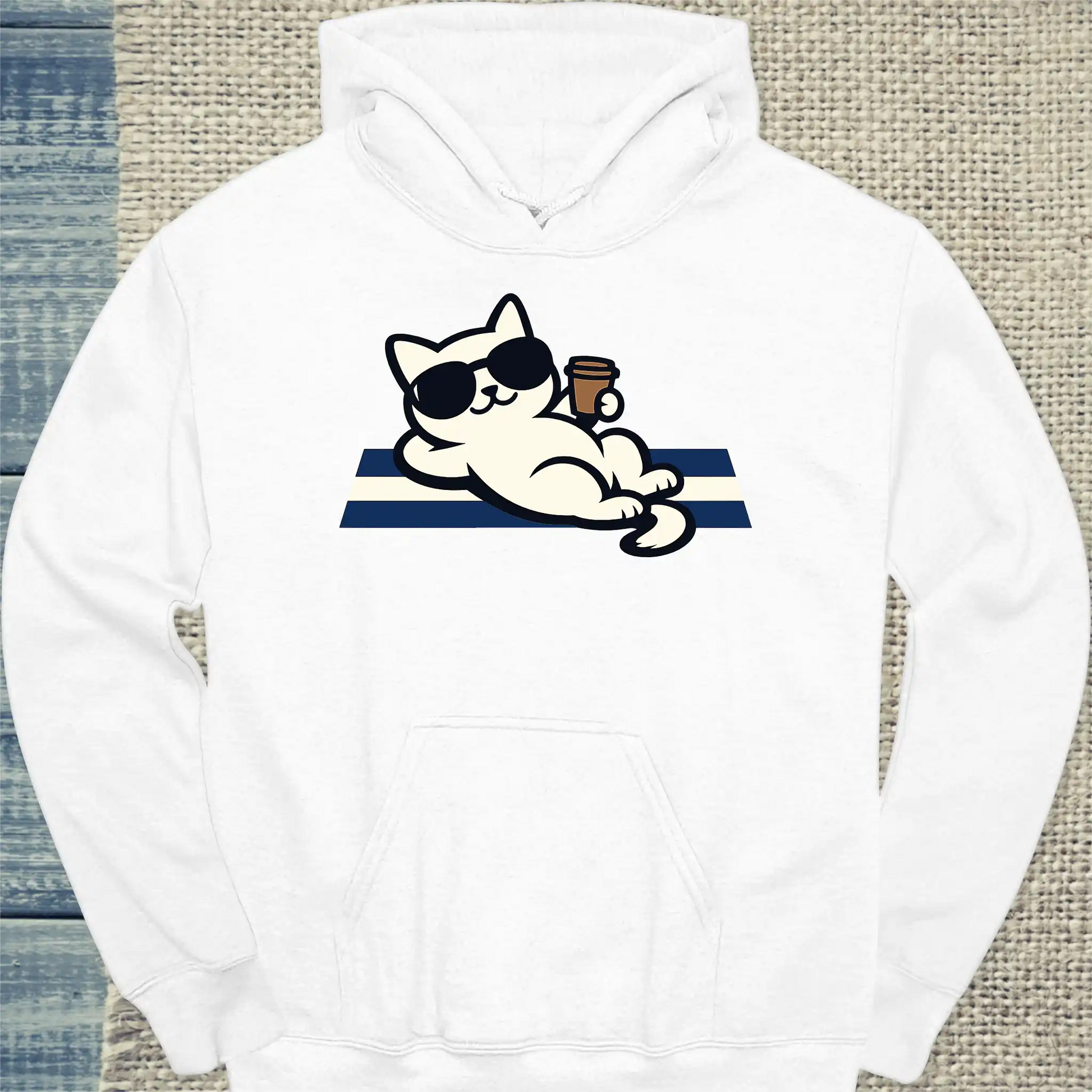 Hoodie - Tag am Meer - Unisex - Katze, Sommer Weiß