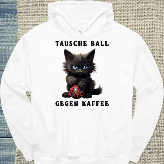 Hoodie - Tausche Ball gegen Kaffee - Unisex - Katze & Kaffee Weiß
