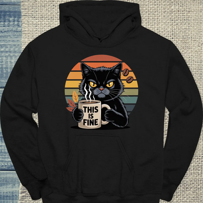 Hoodie - This is Fine - Unisex - Katze & Kaffee Schwarz