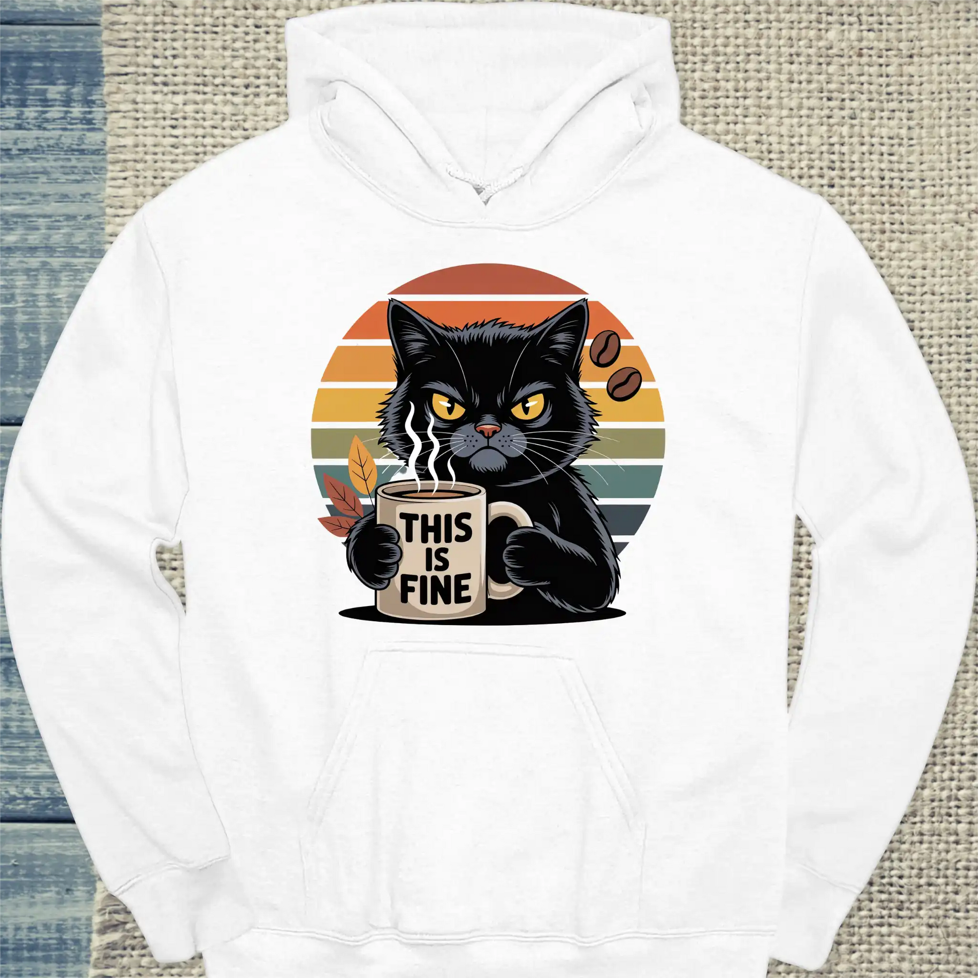 Hoodie - This is Fine - Unisex - Katze & Kaffee Weiß
