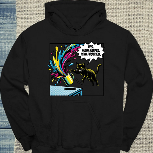 Hoodie - Ups - Unisex - Katze & Kaffee Schwarz