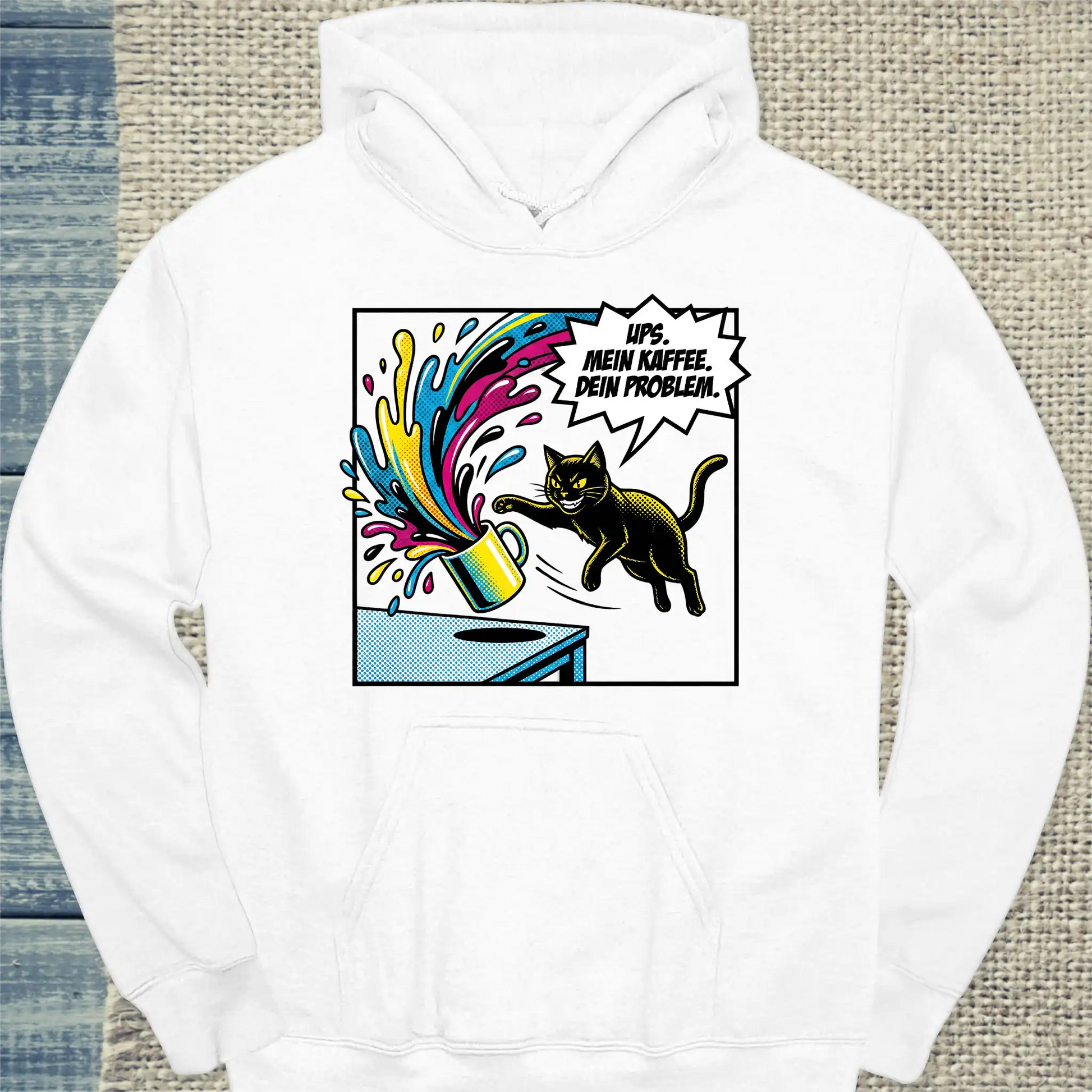 Hoodie - Ups - Unisex - Katze & Kaffee Weiß