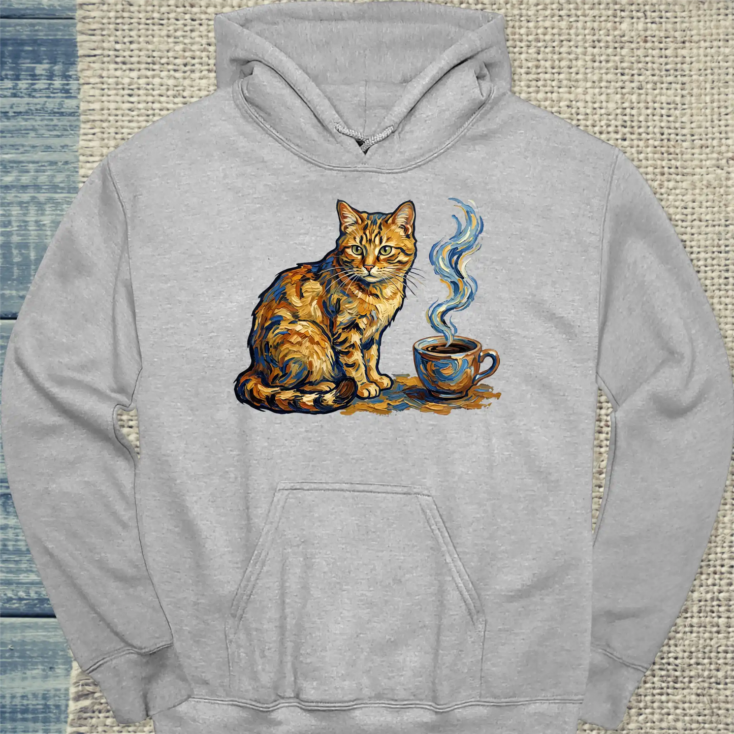 Hoodie - Van Gogh Cat - Unisex - Katze & Kaffee, Kunst Grau