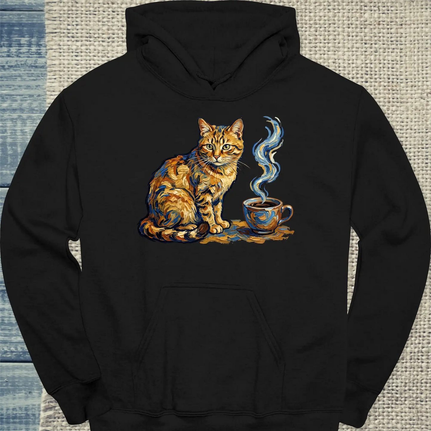 Hoodie - Van Gogh Cat - Unisex - Katze & Kaffee, Kunst Schwarz